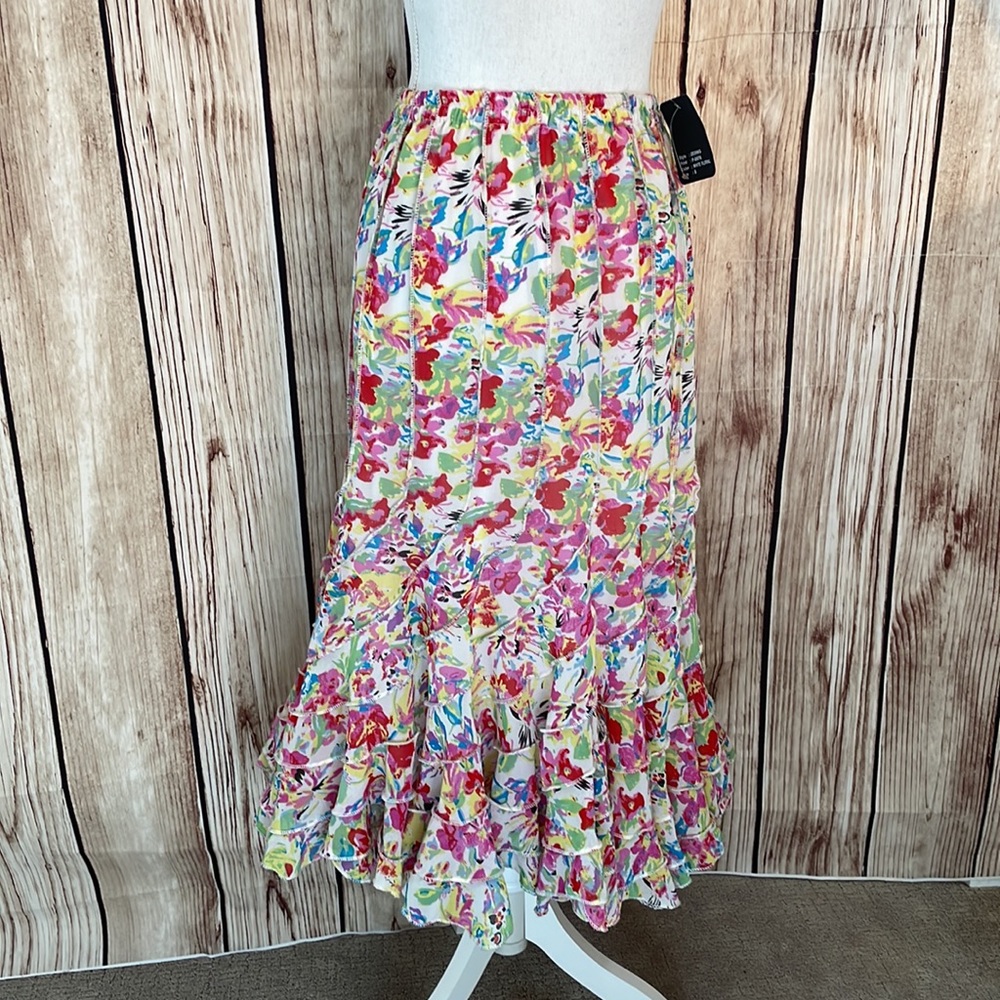 Dimri Ruffle White Floral Rainbow Maxi Skirt Size Small NWT